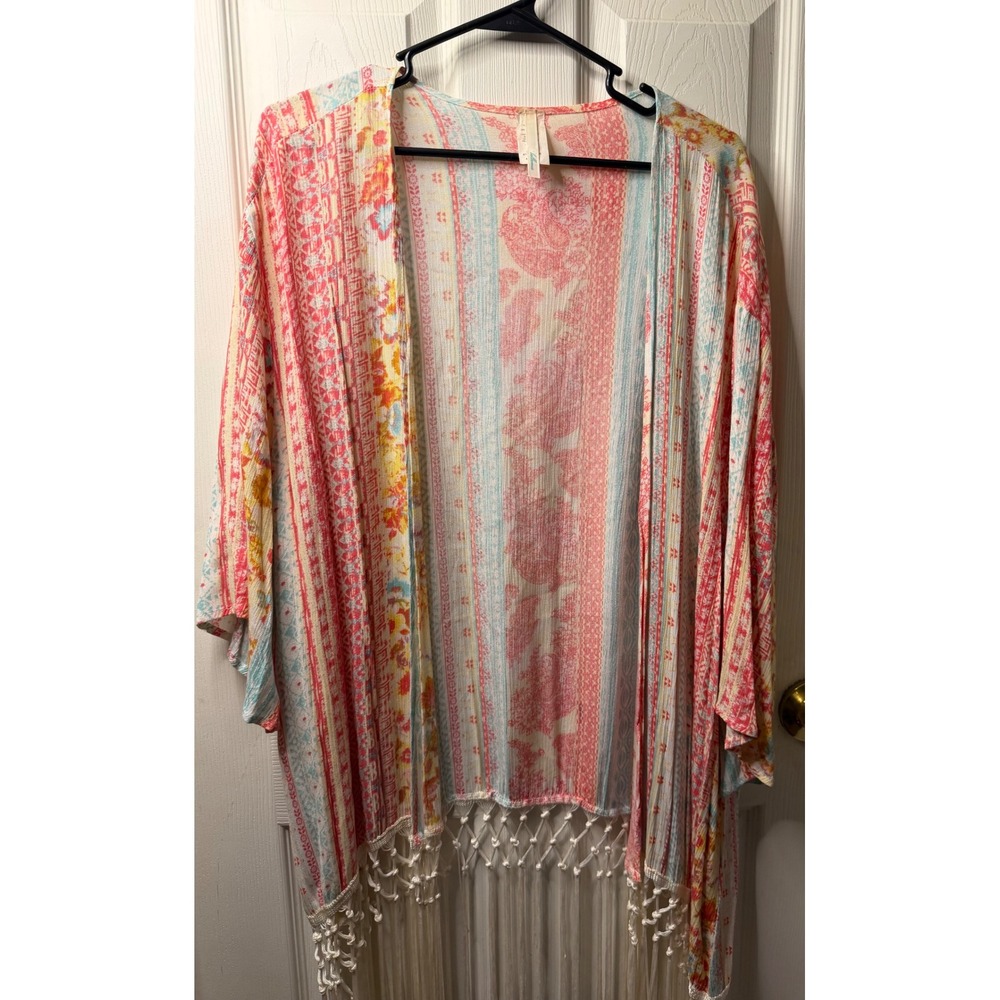 Bellamie Pink Floral‎ Paisley Fringe Kimono Cardigan Medium T2062G Boho Coverup